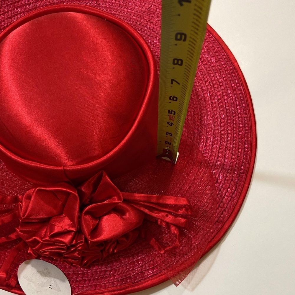 Liya 💯 Straw Women’s Elegant Red Wide-Brimmed Hat With Floral Embellishments - Picture 6 of 14